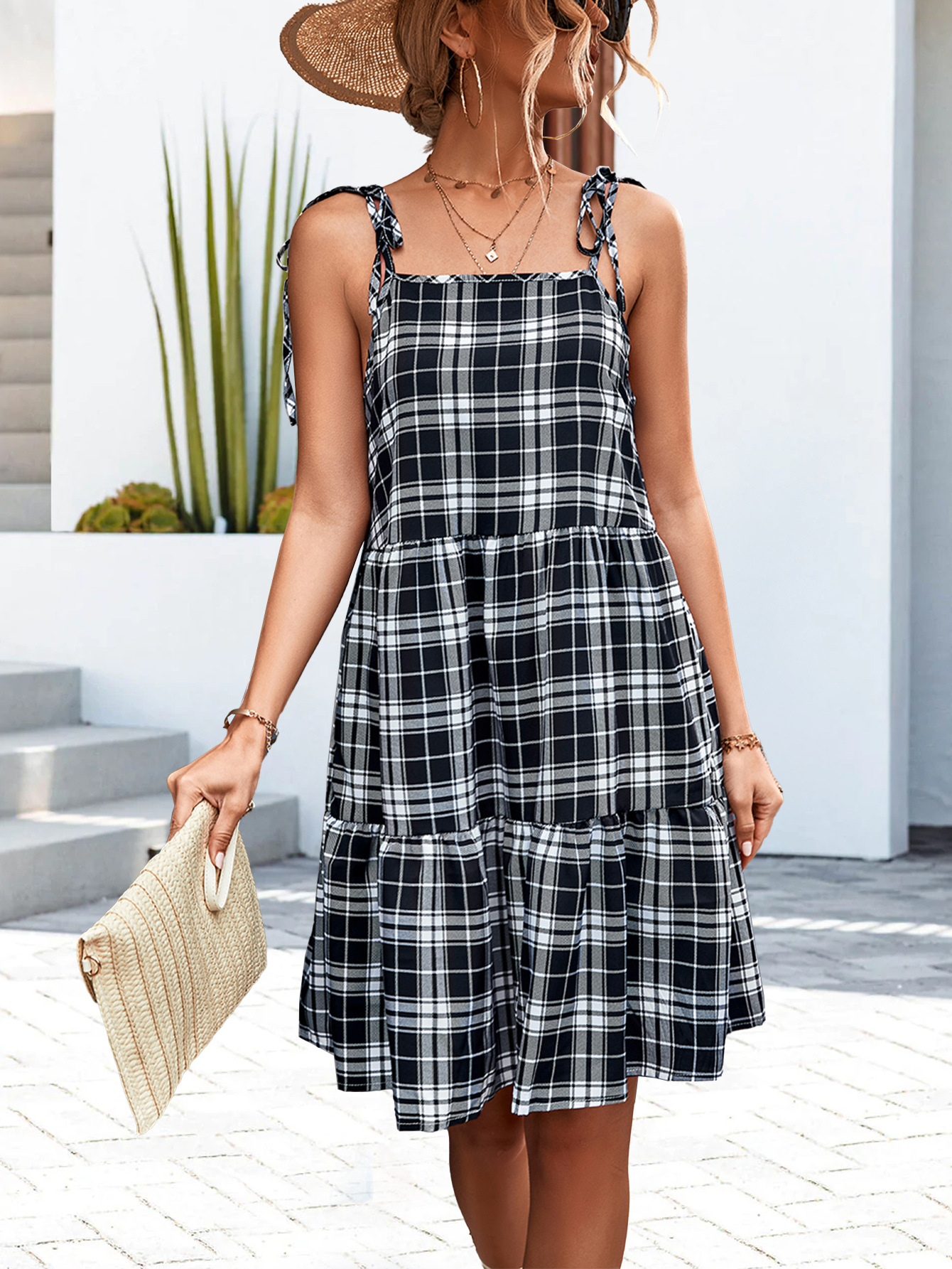 Classic Plaid Stitching Strap Tiered Dress - Dresses - Uniqistic.com