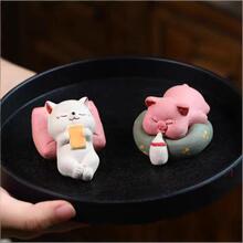 宜兴紫砂茶宠【可爱躺平猫 趴趴猪】精品可养趣味茶玩创意摆件