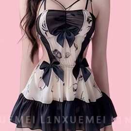 听澜情趣内衣性感水墨印花抹胸睡裙性感纯欲透视诱惑床上免脱套装