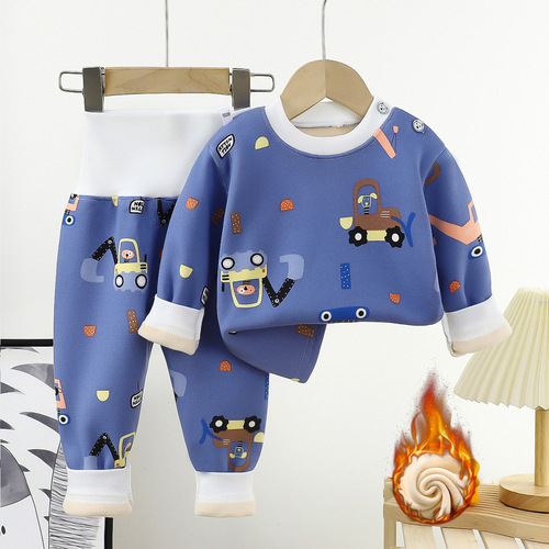 Baby and Toddler Fleece Warm Set for Boys and Girls, Thick Autumn Top and Bottom Set with High-Waisted Belly Protection, Suitable for Autumn and Winter