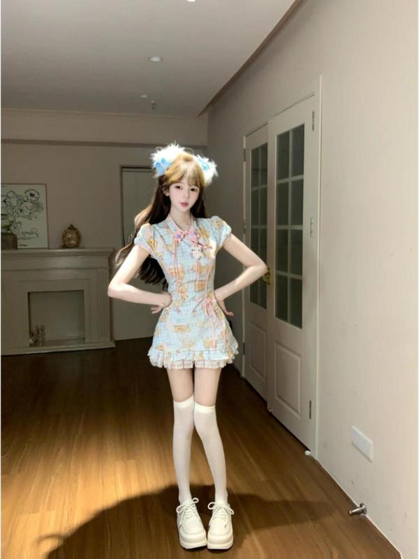 新中式国风短裙夏季收腰显瘦蕾丝拼接少女风甜美印花旗袍连衣裙女|undefined