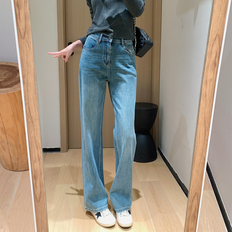 朵妮DN红标双线牛仔来卡四面弹手擦猫须窄版直筒阔腿裤女牛仔裤女|undefined
