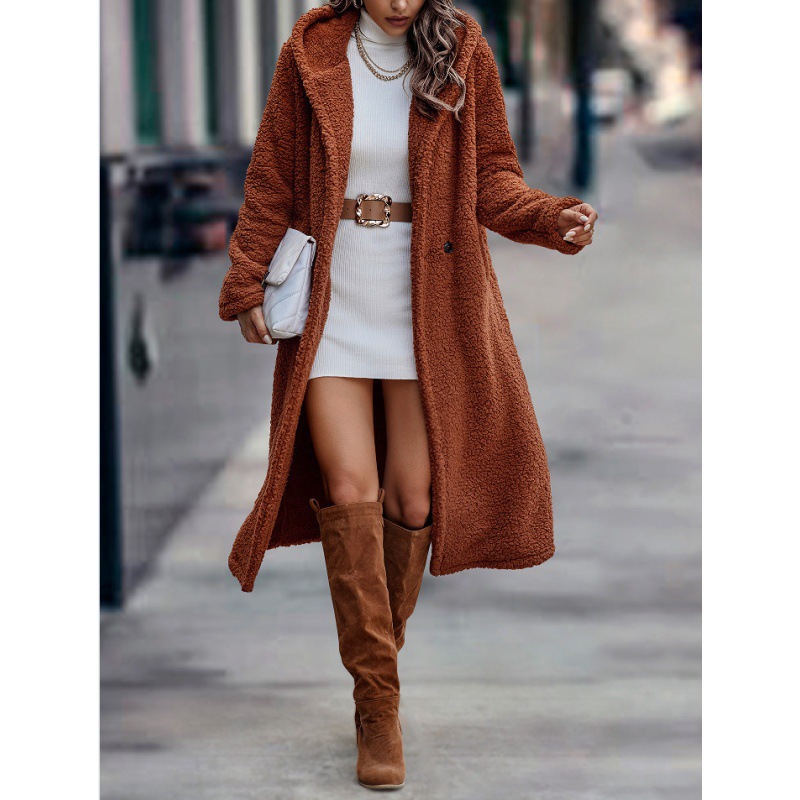 Autumn And Winter Fashion Long Solid-Color Long-Sleeved Plush Hooded Jacket Women's Coat Windbreaker Top_ecoleips.com