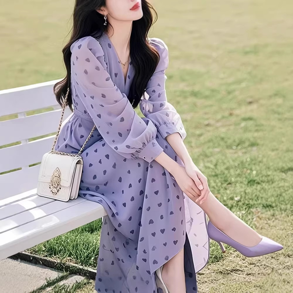 Váy dài maxi nữ họa tiết hoa tình yêu kiểu Pháp cổ điển — Hoa tím chi tiết 1