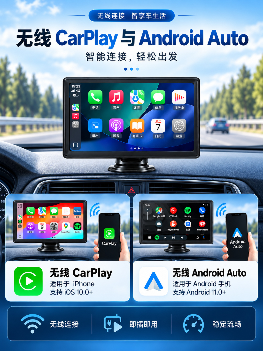 7inch Portable MP5 Wireless CarPlay Android Auto Mobile Phone Screen Mirroring Bluetooth Car Display