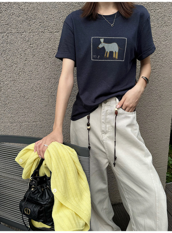 黎诺早秋新款韩系卡通小马翻边短袖T恤女2025减龄显瘦刺绣上衣ins|undefined
