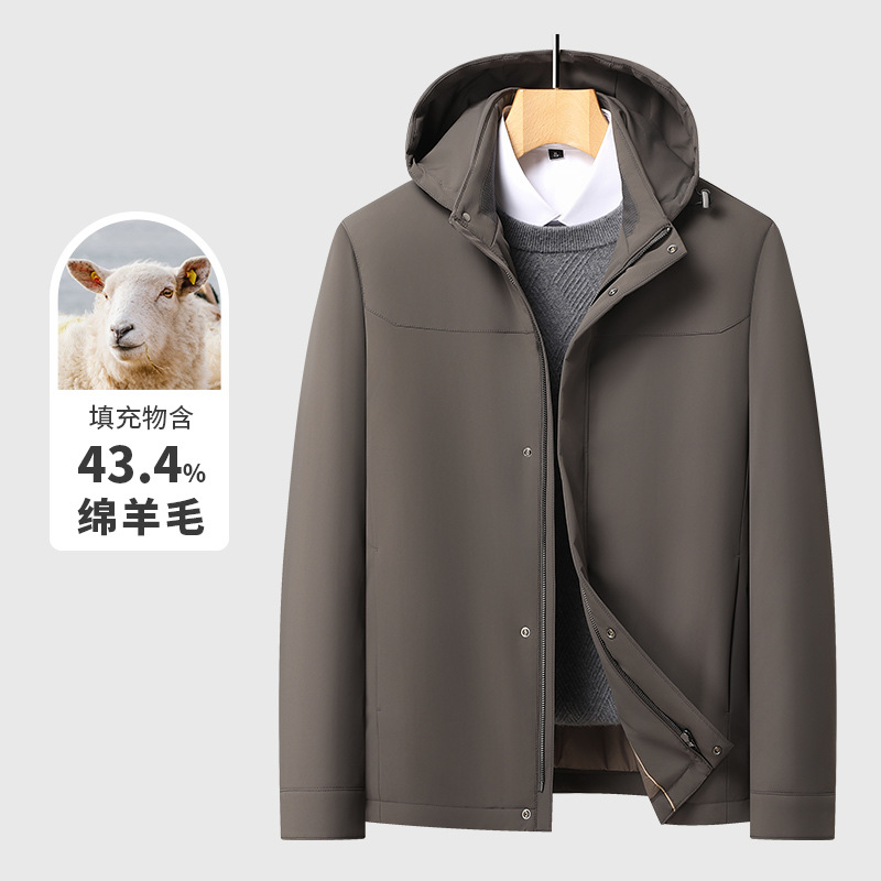 冬季厚款男士棉服含绵羊毛填充物连帽可拆卸商务休闲棉夹克