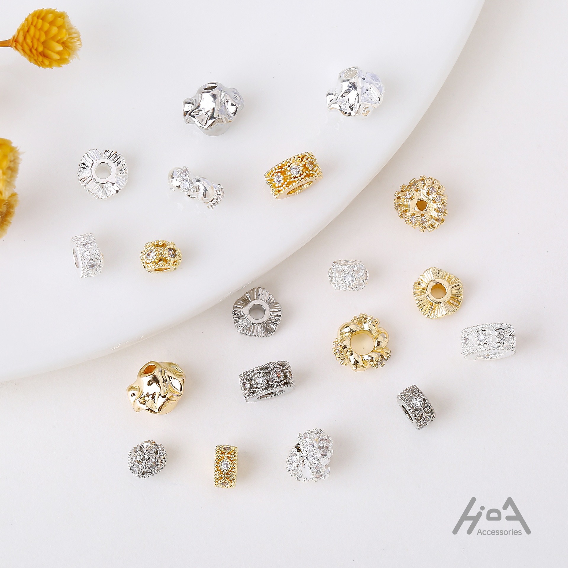 14k包金保色花边褶皱隔珠镶锆三环相扣diy手串项链小尺寸饰品配件