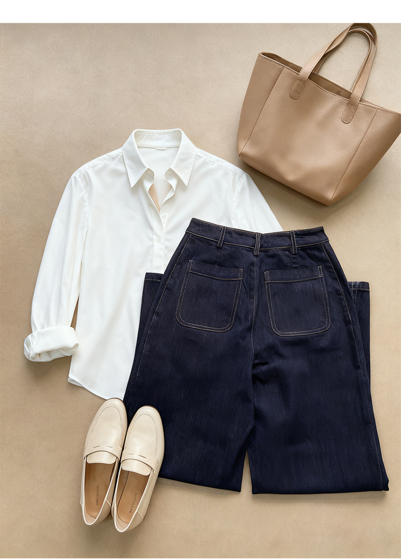 Quần jean ống rộng Xinge denim xanh chống phai màu, lưng cao, dáng suông dài đến sàn — màu xanh denim chi tiết 14