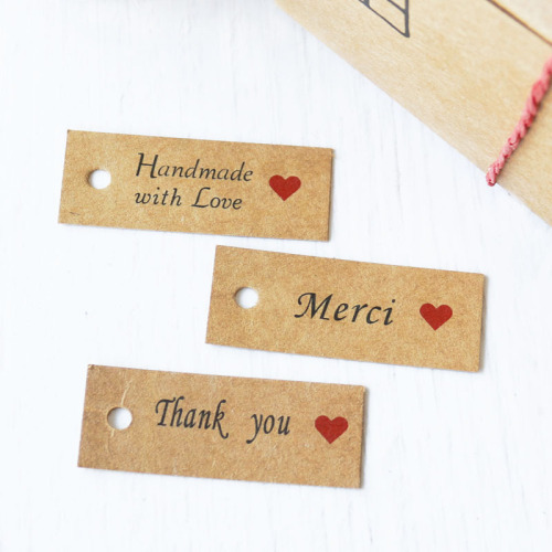 Kraft paper red heart tag Thank you Handmade Merci Love handmade label tag 100 pieces