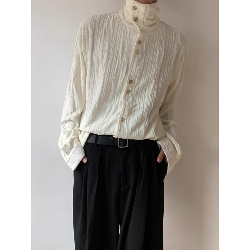 Cross-Border New Chinese Style Pleated Texture Shirt Men's High Collar Jacquard Long-Sleeved French Stand Collar Texture Shirt Pile Collar Cross-Border New Chinese Style Pleated Texture Shirt Men's High Collar Jacquard Long-Sleeved French Stand Collar Texture Shirt Pile Collar
