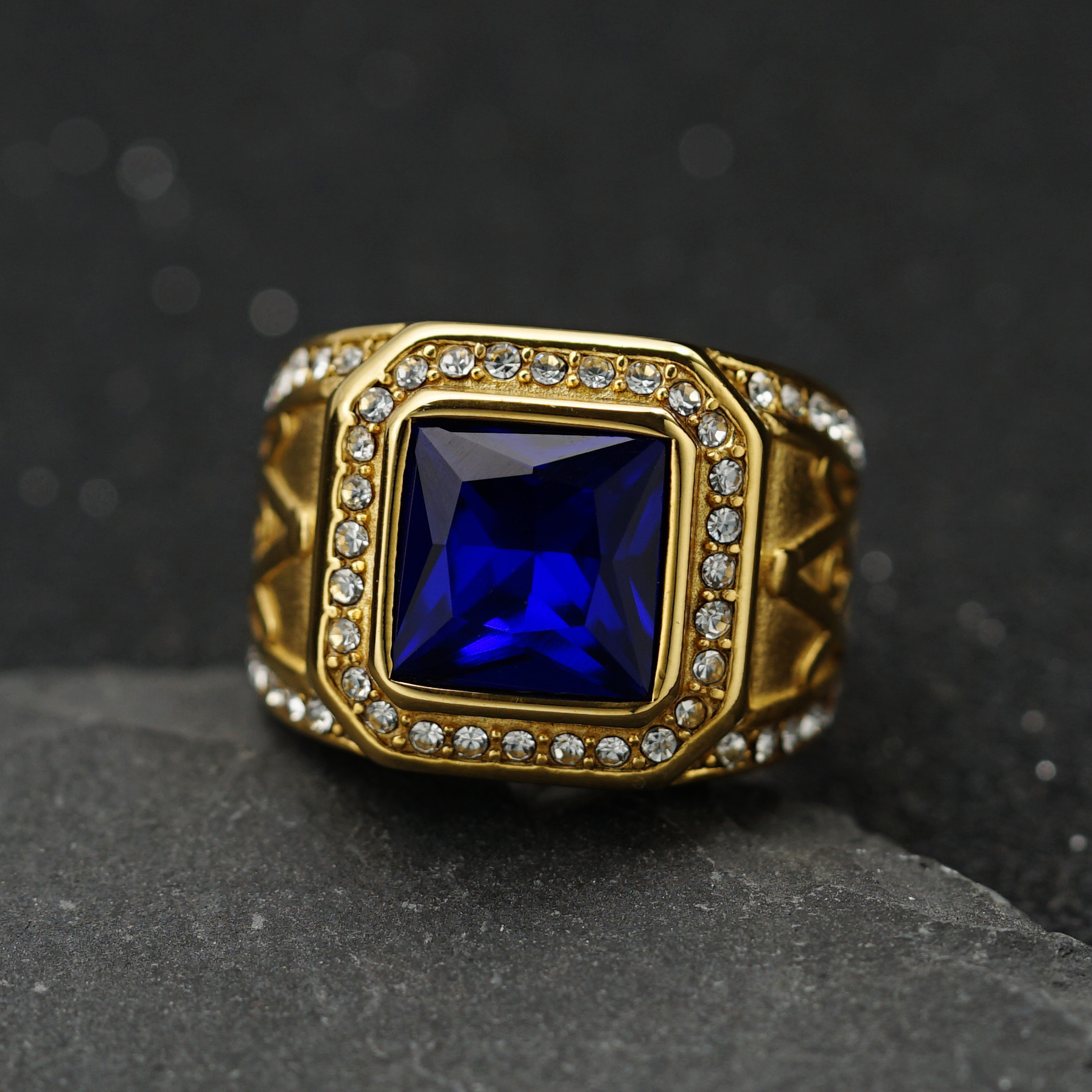 Street Occasion Stainless Steel Material Casual Hip-hop Retro Square Stainless Steel Plating Inlay Artificial Gemstones Rings