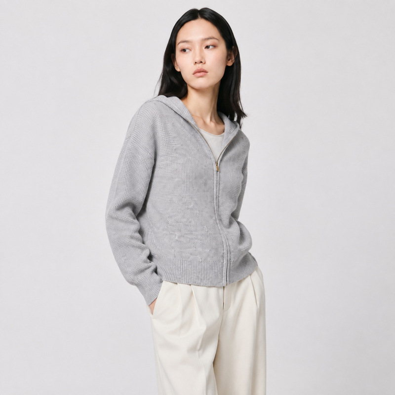 Designer high-end 100% wool waffle texture casual hooded knitted cardigan
