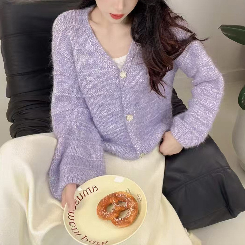 软糯纯色灯笼袖V领针织衫外套女2025秋冬款韩系慵懒风针织衫上衣|undefined