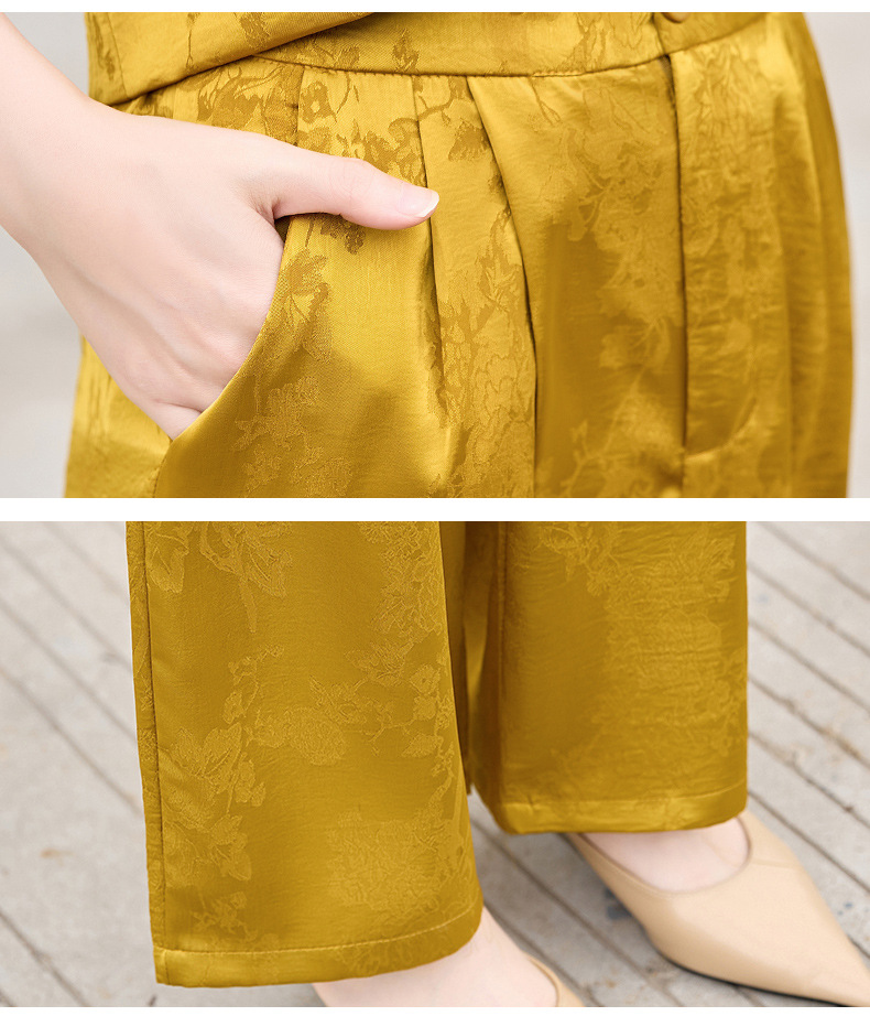 Bộ quần áo hai mảnh nữ phong cách tân cổ điển Trung Hoa – áo gile họa tiết jacquard kết hợp quần ống rộng — màu đen, màu trắng, màu vàng chi tiết 30