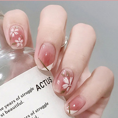 Summer Ice-Transparent Bare Pink Blush Dyeing Flower French Gentle Style Removable Wear Nails Direct Sale Whitening 24 Piece Set