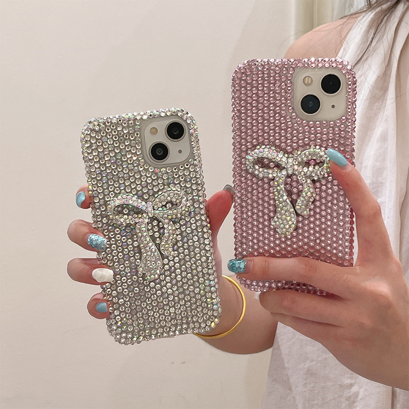 Full Diamond Bow Mobile Phone Case Suitable for Iphone17Promax High-End Apple 16Pro Luxury Flash Ins