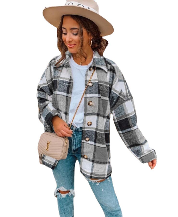 Net Red Spring Street European And American Long Sleeved Lapel Loose Women's Plaid Shirt Medium Long Coat