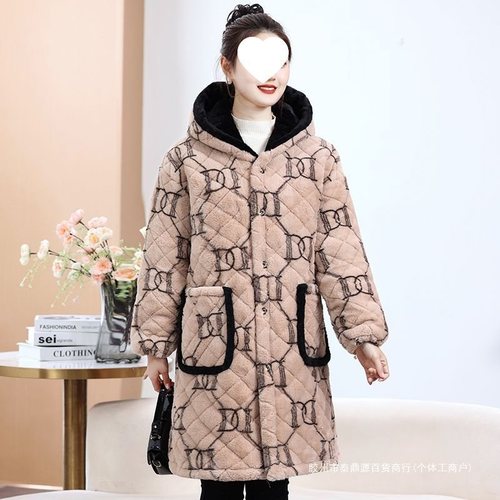 03 Women's Middle-Aged Winter Cotton Coat Overcoat Mother's Warm Cotton Padded Jacket with Fleece and Thick Hooded Cotton Quilted Workwear