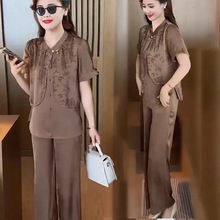 大码夏季遮肉显瘦休闲套装女新中式时尚妈妈装短袖上衣百搭两件套