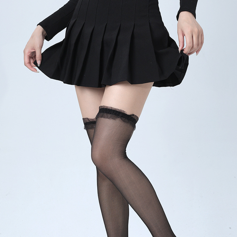 Black Over-The-Knee Socks with Bowknot Lace, Ruffled High Thigh Socks, Pure Desire Atmosphere Jk Long Socks Wholesale