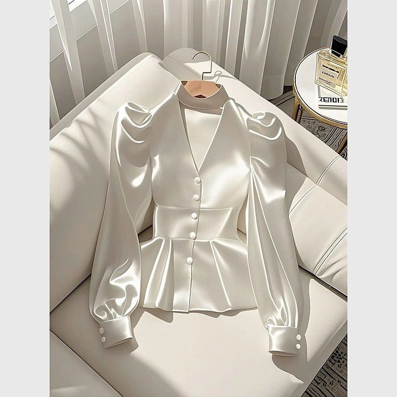 Spring 2025 Popular French-Style High-End Light Luxury Youthful Chic Waist-Cinching White Satin Long-Sleeve Shirt