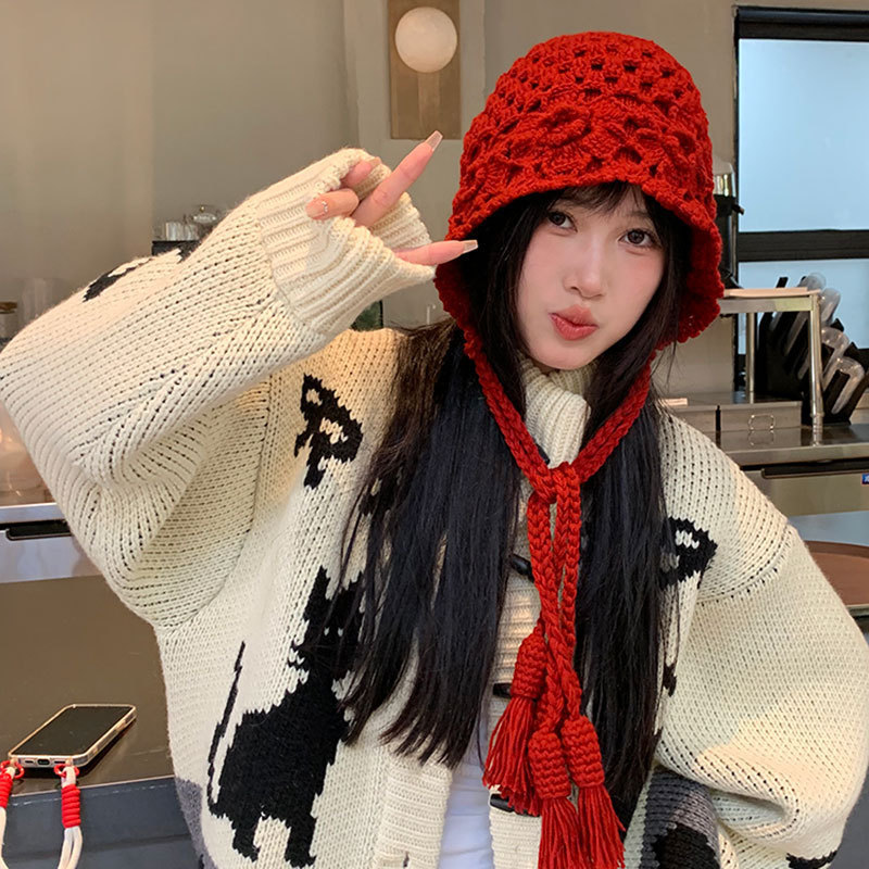新款秋冬钩花包头帽子女麦穗流苏针织帽时尚文艺套头帽潮流毛线帽|undefined