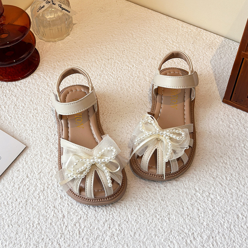 Princess Summer Style Beach Shoes for Girls Soft Soled Sandals with Pearl Bow Little Girl Footwear_voghion.com