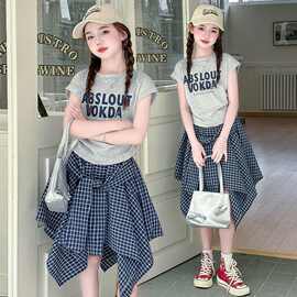 2025女童韩版夏季洋气套装女中大童新款短袖格子半身裙俩件套爆款