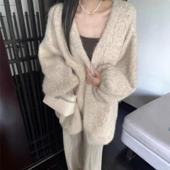 韩系中长款软糯针织开衫上衣女秋冬新款纯色百搭宽松慵懒毛衣外套