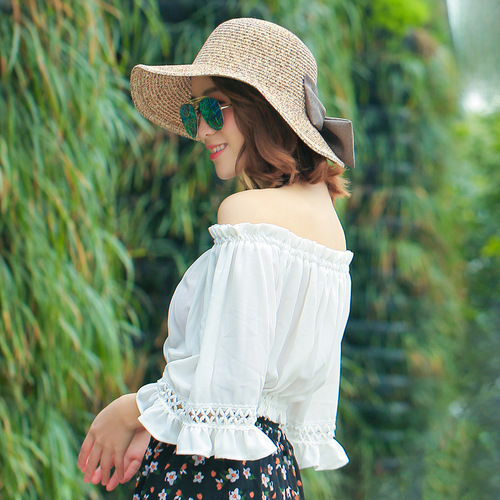 Korean Style Fashion Women's Sun Hat Summer Vacation Sun Protection Hat with Split Brim and Bow Tying Grass Hat Wholesale