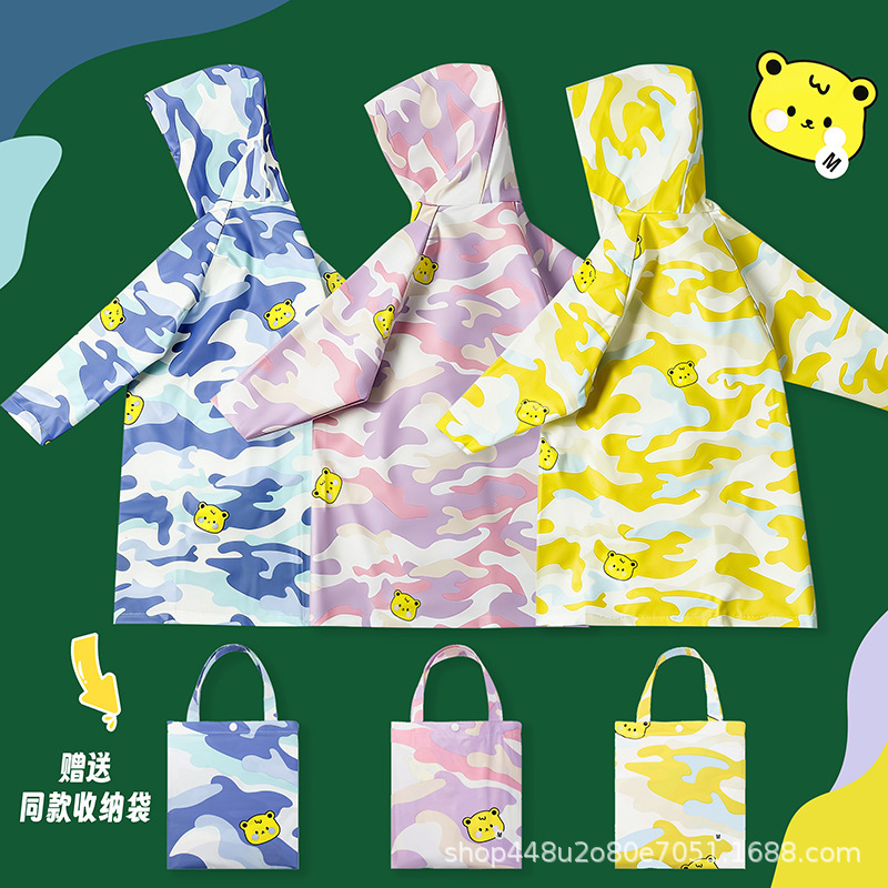 Children's Raincoat Is Lightweight and Can Be Stored, with Full-Body Waterproof Camouflage and Smiley Face Print, Convenient for Kindergarten Use