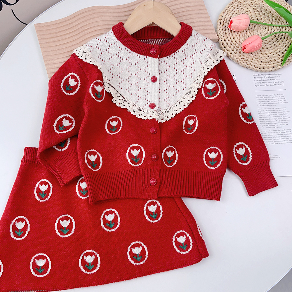 Pull pour enfants, Cardigan tricoté pour filles, ensemble deux pièces, petite robe parfumée, nouvelle collection automne_voghion.com