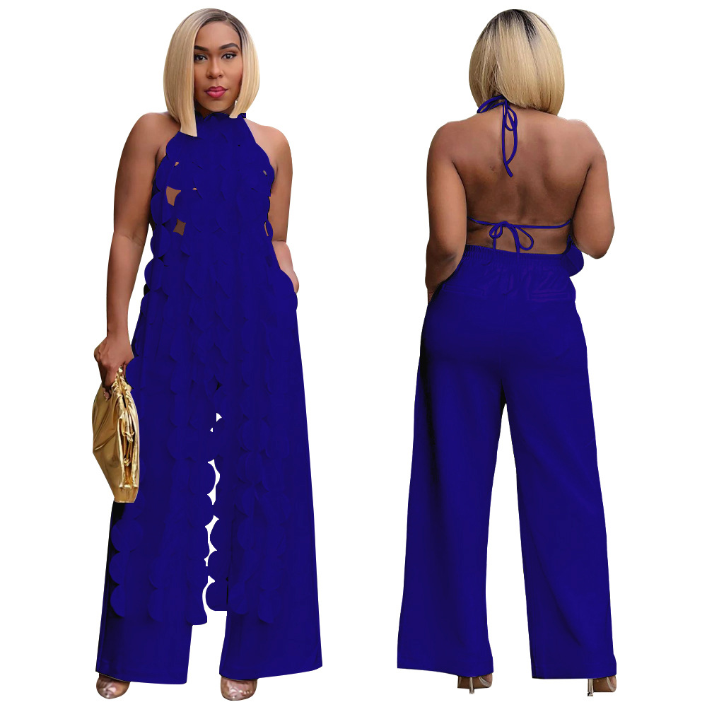591g Weight Sleeveless Sleeve Length Spandex, Polyester Fabric Type Pant Co-ord Set Sets Type 2 Pieces Set Quantity Holiday, Street Occasion Halter Neck Neckline Loose Fit Type Solid Color Pattern Summer Season Women's Gender Backless Design Sexy, Streetwear Style Holiday Street Women's Sexy Streetwear Solid Color Spandex Polyester Backless Pant Co-ord Set Pants Sets 57