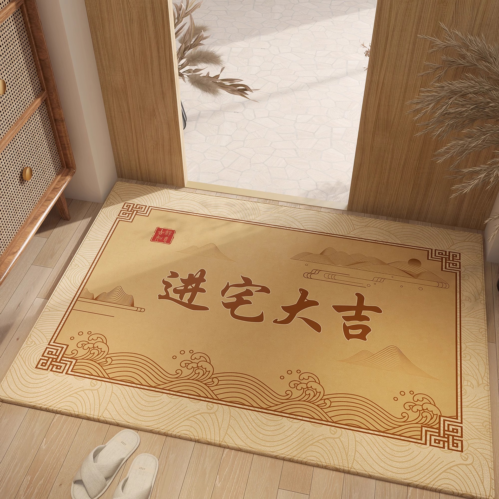 Nueva alfombra de piso de puerta de entrada amarilla china, alfombra de pie antideslizante resistente a la suciedad para el hogar, alfombra dorada en la puerta