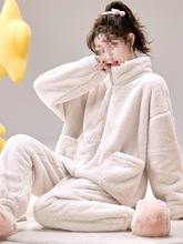 女珊瑚绒加厚保暖纯色套装雪花绒大码秋冬法兰绒睡衣可外穿家居服