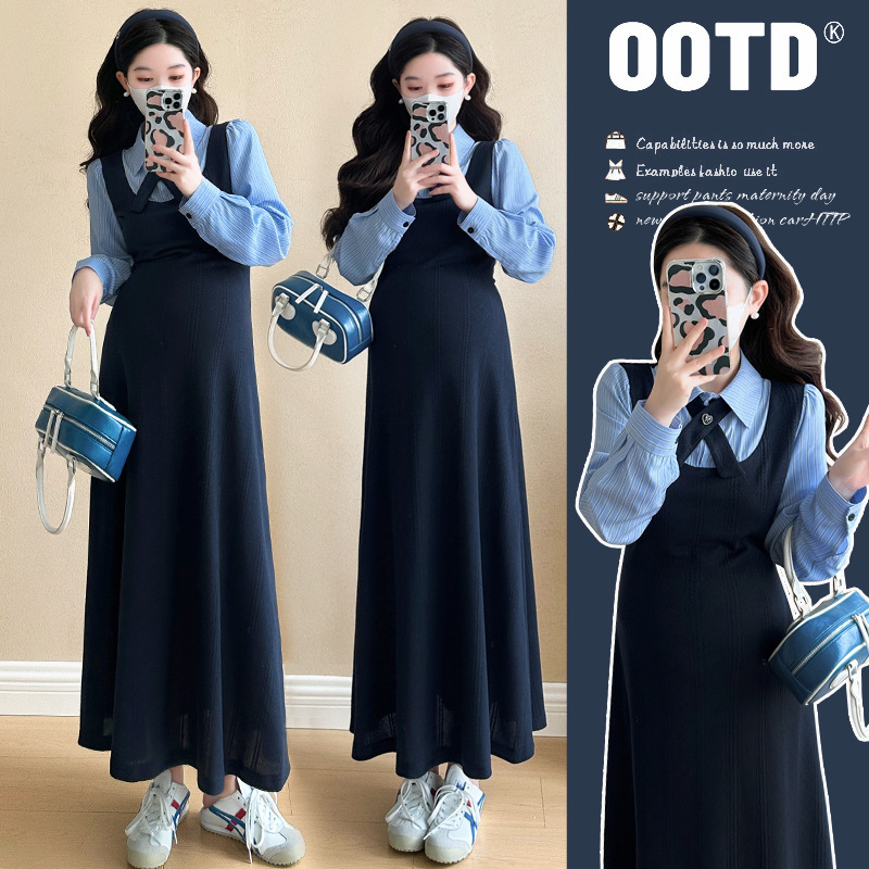 2025 New Autum Pregnant Women's Large Size Preppy Style Long-Sleeved Knitted Skirt Sweet Elegant Splicing Fake Two-Piece Dress