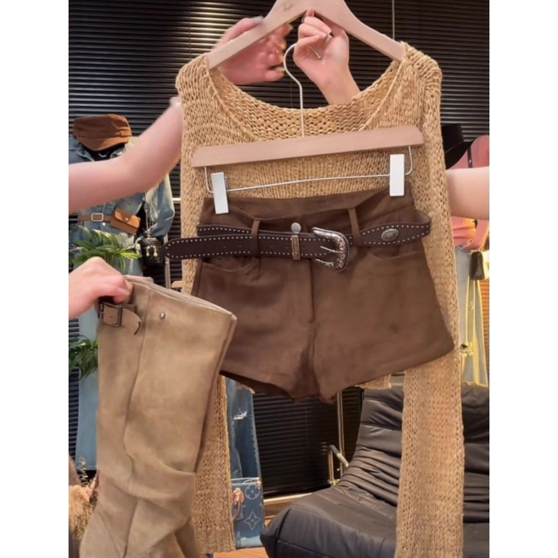 Plus-Size Melard Brown Suede Shorts for Women, New Autumn Style, American-Style Casual A-Line Boot Shorts with Waist Bag