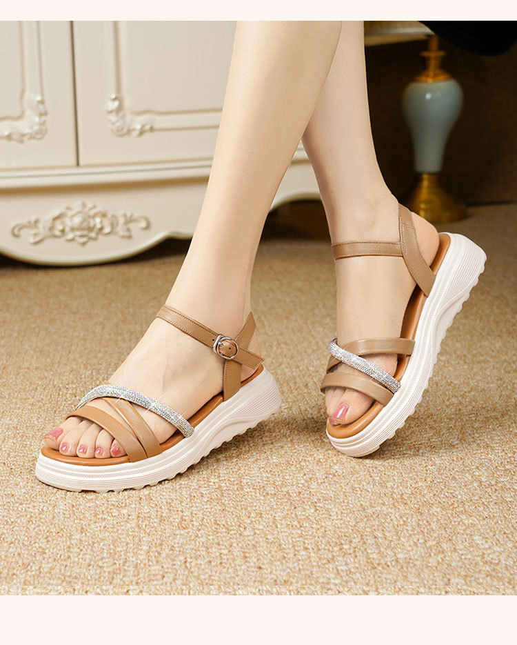 Sandal nữ đế xuồng cao gót đính đá da bò mềm — Trắng kem【Da bò lớp đầu】 chi tiết 18
