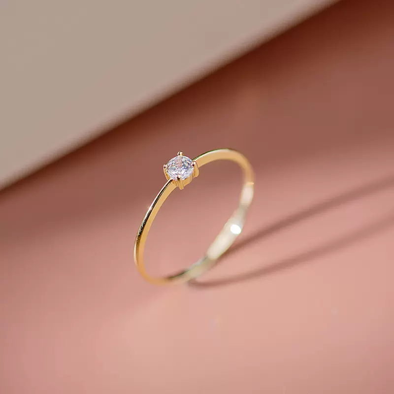 14K金戒指 3mm镶嵌莫桑石尾戒食指戒细戒叠戴女黄金珠宝首饰 3100