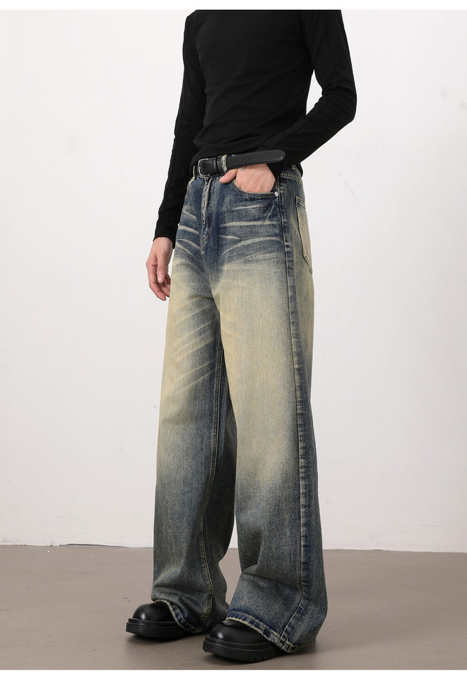 Quần jeans nam dáng rộng ống đứng phong cách retro Mỹ, giặt mài làm cũ — Màu xanh dương chi tiết 20