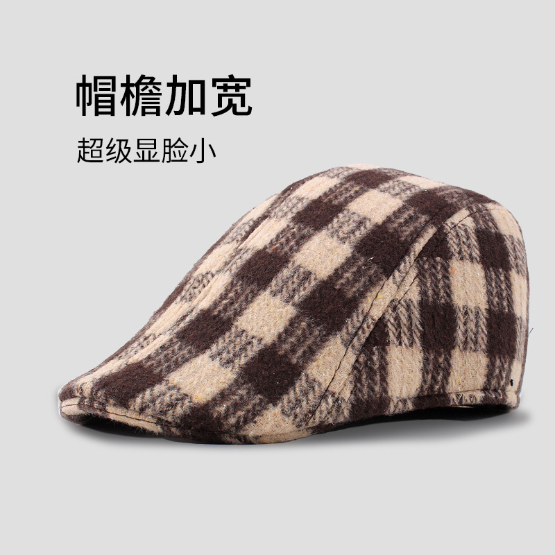 復古格子前進帽秋冬百搭格紋鴨舌帽男士潮貝雷帽導演帽冬季保暖棉