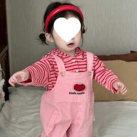 女童套装2026秋季韩版婴幼儿红条纹连帽T恤休闲背带裤洋气两件套