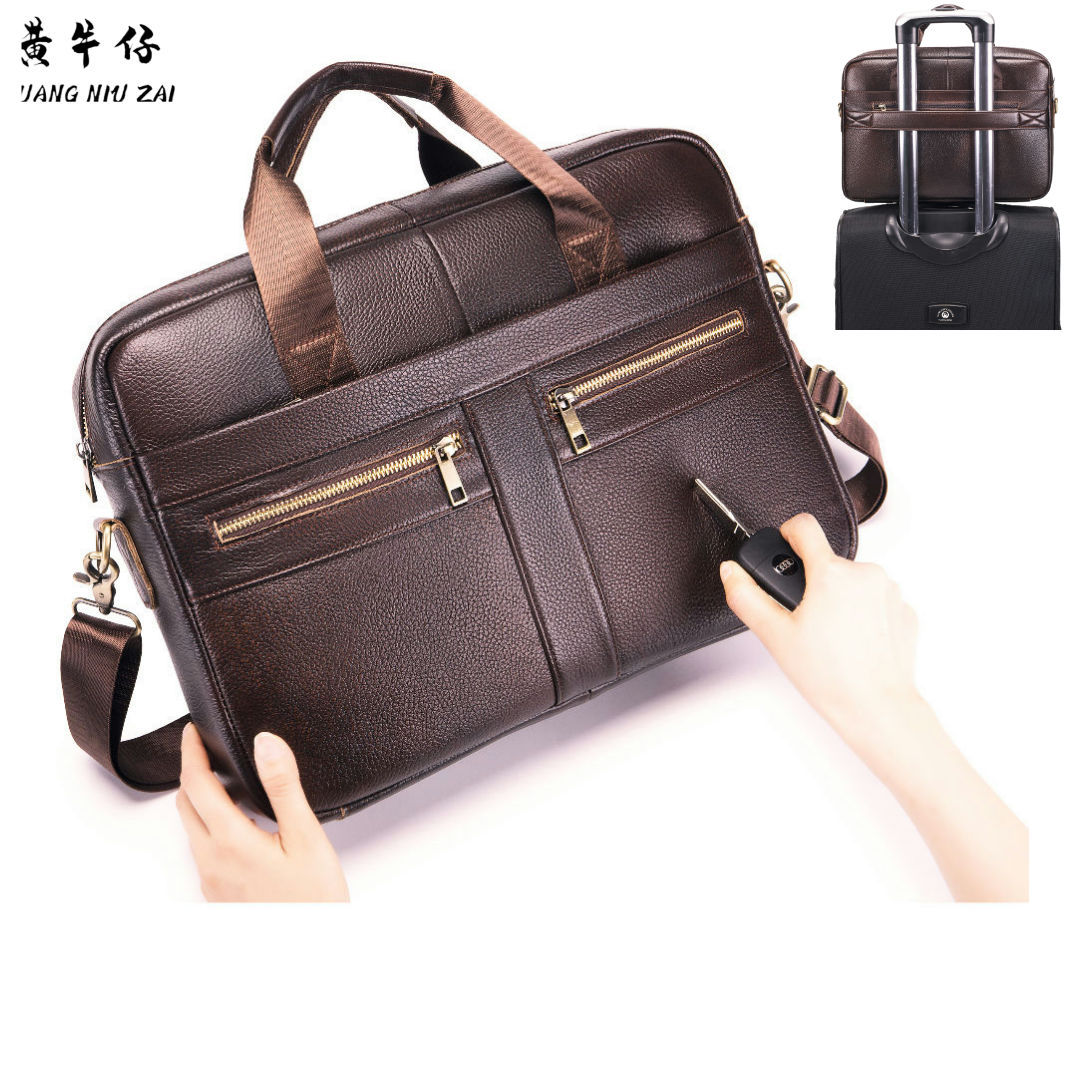 Top-grade cowhide men's business travel bag executive laptop bag shoulder crossbody bag genuine leather handbag pull-along suitcase hanger bag