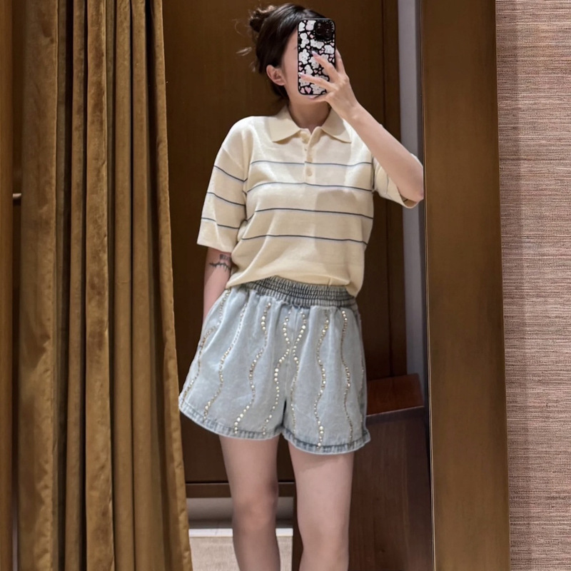 French Elegant 25 Spring and Summer Simple All-match Polo Collar Color Stripe Shoulder Sleeve Sweater Top