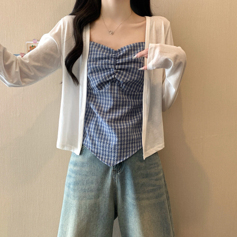 2025夏季新款大码胖MM薄款防晒罩衫格纹吊带两件套|undefined