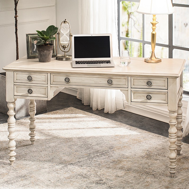 American Style Solid Wood Desk French Simple Antique White Old Study Desk Office Desk Computer Desk American Style Solid Wood Desk French Simple Antique White Old Study Desk Office Desk Computer Desk
