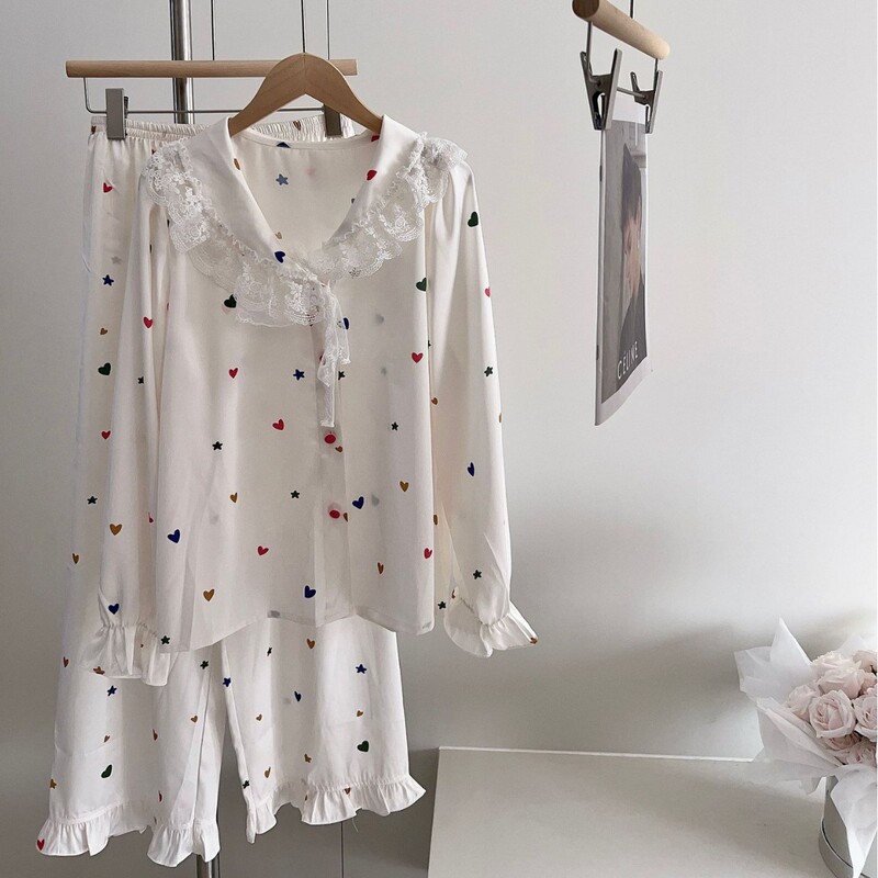 Color Candy Spring Ice Silk Sweet Cute Pajamas Doll Collar Lace French Long Sleeve Ice Silk Home Clothes for Women