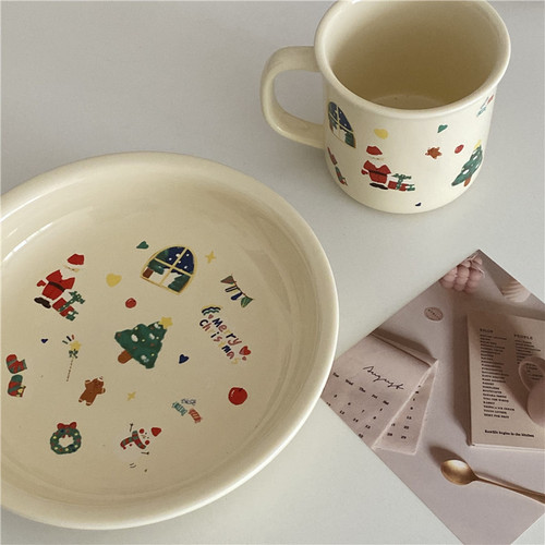 Christmas only!  Cute Cream Graffiti Christmas Ceramic Cup Dessert Plate Set Mug Christmas Decoration Gift