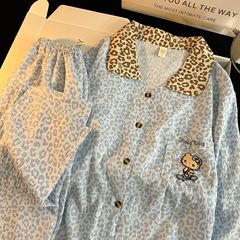 跨境批发春秋新款睡衣女蓝豹纹KT猫宽松休闲开衫翻领家居服套装女